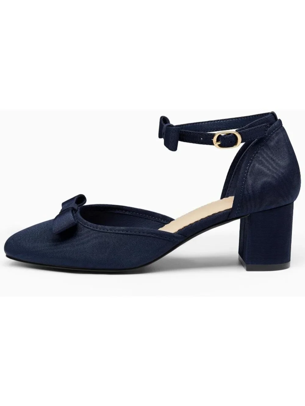 Women's Dark Blue Chunky Low Heels Bow Closed Toe Ankle Strap Elegant Pumps